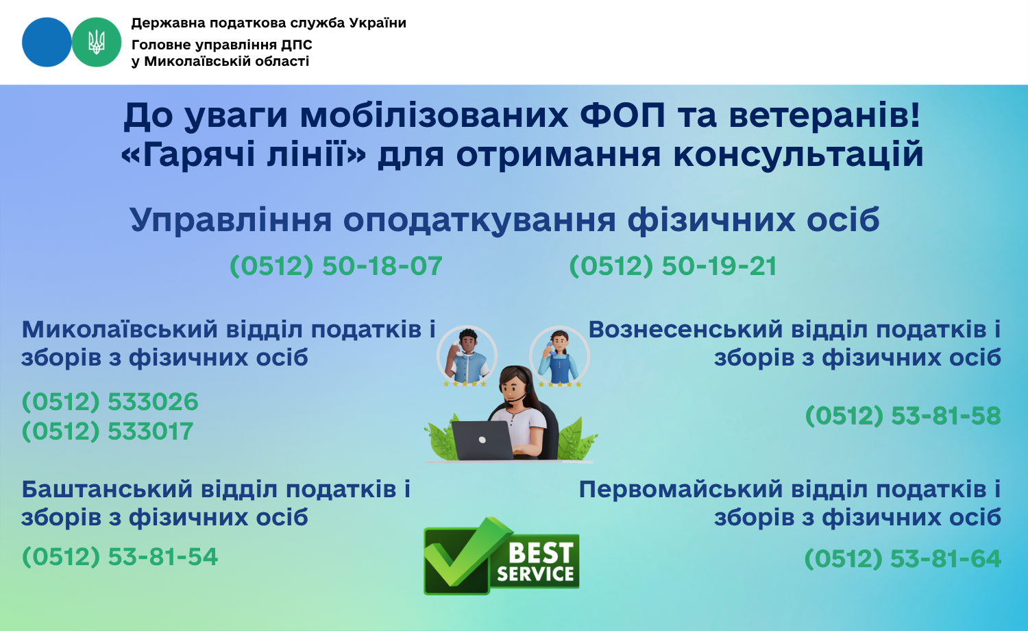 Нагадуємо мобілізованим ФОП про роботу «гарячих ліній» для отримання консультацій з питань оподаткування